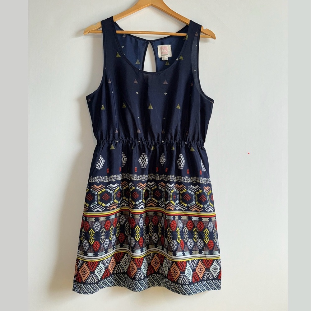 Quiksilver Tribal Print Mini Tank Dress Swim Coverup Navy Large Boho Summer
